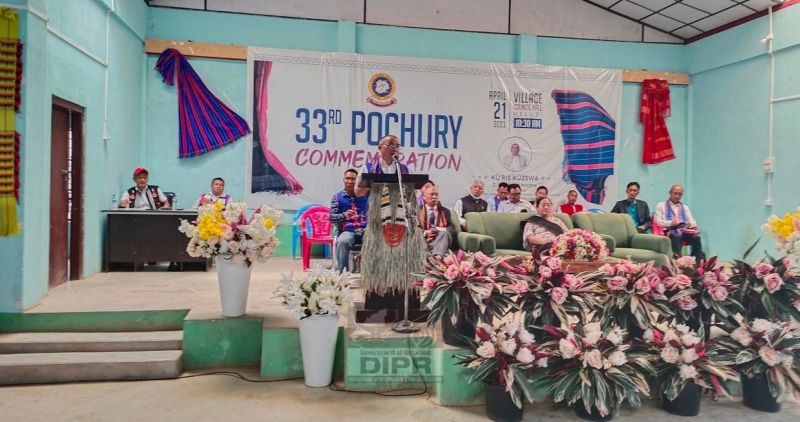 Advisor Z Nyusietho Nyuthe addressing the 33rd Pochury Commemoration Day at Meluri village council hall on April 21. (D IPR Photo)